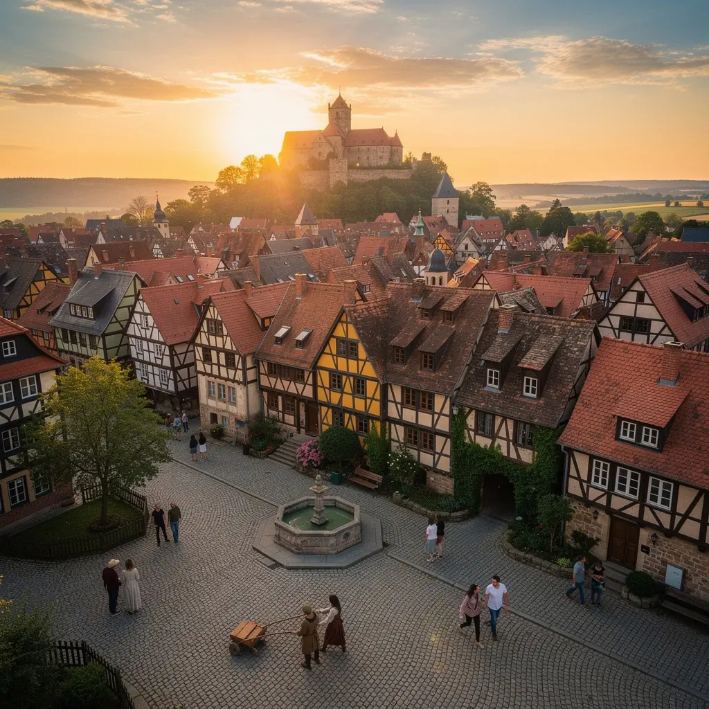 Ein romantischer Platz in Quedlinburg mit Blumenbeeten und historischen Gebäuden im Hintergrund.